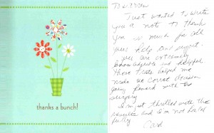 Thank you Card from Dr. Prasad's patient "just a note to thank you so much for you are extremely talented and I feel blessed that I found you."