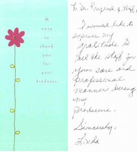 Thank you Card from Dr. Prasad's patient "I would like to express my gratitude to all the staff for your care and professional manner"